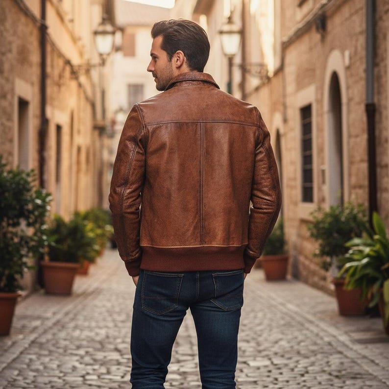 Men’s Vintage Brown Biker Leather Jacket | Classic Distressed Bomber Style image 4