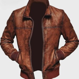 Men’s Vintage Brown Biker Leather Jacket | Classic Distressed Bomber Style image 3