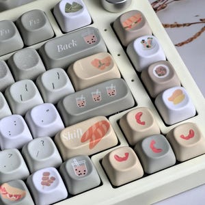 Green White Food Inspired PBT Keycaps 127/131 Keys  Gray Vietnamese Dishes Theme MOA/Cherry Keycap Set for Mechanical Keyboard ANSI Layout