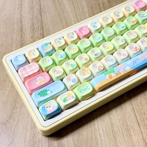 K&ouml;nnte beinhalten: Eine pastellfarbene mechanische Tastatur mit individuellen Tastenkappen. Die Tastenkappen weisen verschiedene Designs auf, darunter Fr&uuml;chte, Tiere und Strandszenen. Die Tastatur hat einen gelben Rahmen und eine Vielzahl von Farben auf den Tasten.