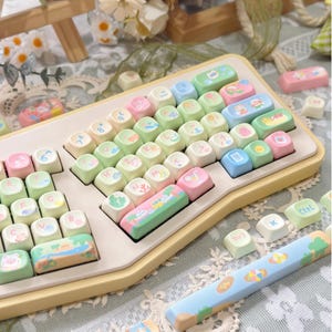 K&ouml;nnte beinhalten: Eine pastellfarbene Tastatur mit individuellen Tastenkappen. Die Tasten sind eine Mischung aus Hellrosa, Gr&uuml;n, Blau und Creme. Einige Tasten zeigen kleine Illustrationen von Landschaften und anderen Designs. Die Tastatur hat einen gelben Rahmen.