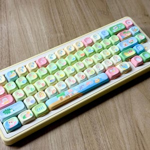 K&ouml;nnte beinhalten: Eine pastellfarbene Tastatur mit individuellen Tastenkappen. Die Tasten sind eine Mischung aus hellgr&uuml;n, rosa und blau, mit verschiedenen Illustrationen. Die Tastatur hat einen gelben Rahmen und ein Standard-QWERTZ-Layout. Die Tastenkappen zeigen Zahlen, Buchstaben und Symbole.