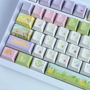May include: A white keyboard with custom keycaps. The keycaps feature pastel colors and various illustrations, including a paint palette, musical notes, and the word "Lucky". The keyboard has a standard QWERTY layout.