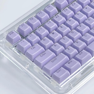 May include: A close-up of a mechanical keyboard with light purple keycaps. The keyboard has a clear, transparent frame. The keycaps are arranged in a standard QWERTY layout, with function keys and modifier keys visible.
