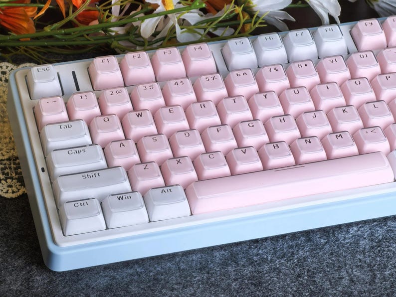 May include: A pastel-colored mechanical keyboard with a light blue frame and pink keycaps. The keys are arranged in a standard layout with white and pink lettering. The keyboard is designed for computer use.