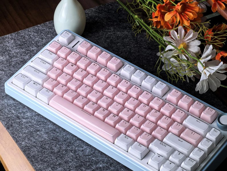 May include: A light blue mechanical keyboard with white and pink keycaps. The keyboard has a compact layout with a variety of function keys. The keycaps are a soft pink color, and the keyboard has a light blue frame.