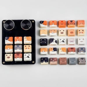 K&ouml;nnte beinhalten: Ein schwarzes Bedienfeld mit zwei silbernen Kn&ouml;pfen und einem Satz Tastenkappen im Katzen-Design. Die Tastenkappen zeigen verschiedene Katzen-Gesichter in Orange, Wei&szlig;, Grau und Braun. Die Tastenkappen sind quadratisch und in einem Raster angeordnet.