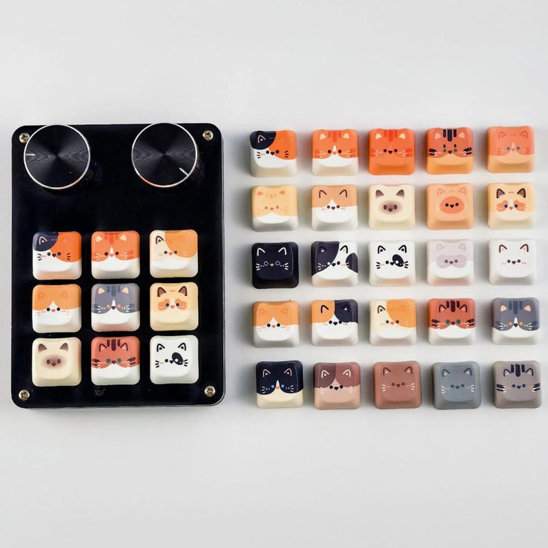 K&ouml;nnte beinhalten: Ein schwarzes Bedienfeld mit zwei silbernen Kn&ouml;pfen und einem Satz Tastenkappen im Katzen-Design. Die Tastenkappen zeigen verschiedene Katzen-Gesichter in Orange, Wei&szlig;, Grau und Braun. Die Tastenkappen sind quadratisch und in einem Raster angeordnet.