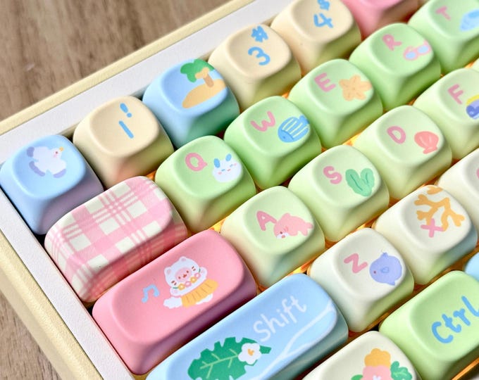 Pastel Ocean Keycap Set | 136 Keys MOA Profile PBT Sublimation Cute Sea Life Keycaps | Summer Alice Layout Mechanical Keyboard Keycaps
