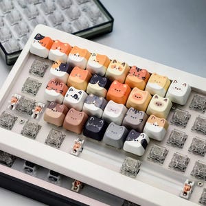 K&ouml;nnte beinhalten: Eine wei&szlig;e Tastatur mit Katzen-Tastenkappen. Die Tastenkappen zeigen Katzen-Gesichter in Orange, Wei&szlig;, Schwarz und Grau. Die Tastenkappen sind in Reihen und Spalten angeordnet.
