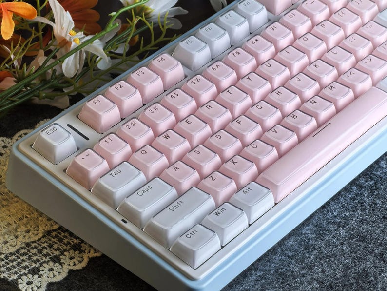 May include: A pastel-colored mechanical keyboard with pink and white keycaps. The keyboard has a light blue frame and a pink space bar. The keys are arranged in a standard QWERTY layout. Decorative flowers are in the background.