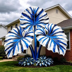 Könnte beinhalten: Eine große Außenskulptur mit drei überdimensionalen, stilisierten Blättern in einer lebendigen Farbpalette aus tiefem Blau, strahlendem Weiß und schwarzen Streifen. Die Skulptur steht auf einem zentralen blauen Stiel vor einem Wohnhaus.