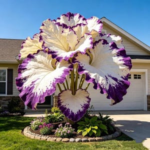 May include: A large ornamental plant featuring broad, heart-shaped leaves with creamy white centers and deep purple, ruffled edges. The plant has thick, upright stems and is situated in a garden bed bordered by stones, surrounded by smaller plants.