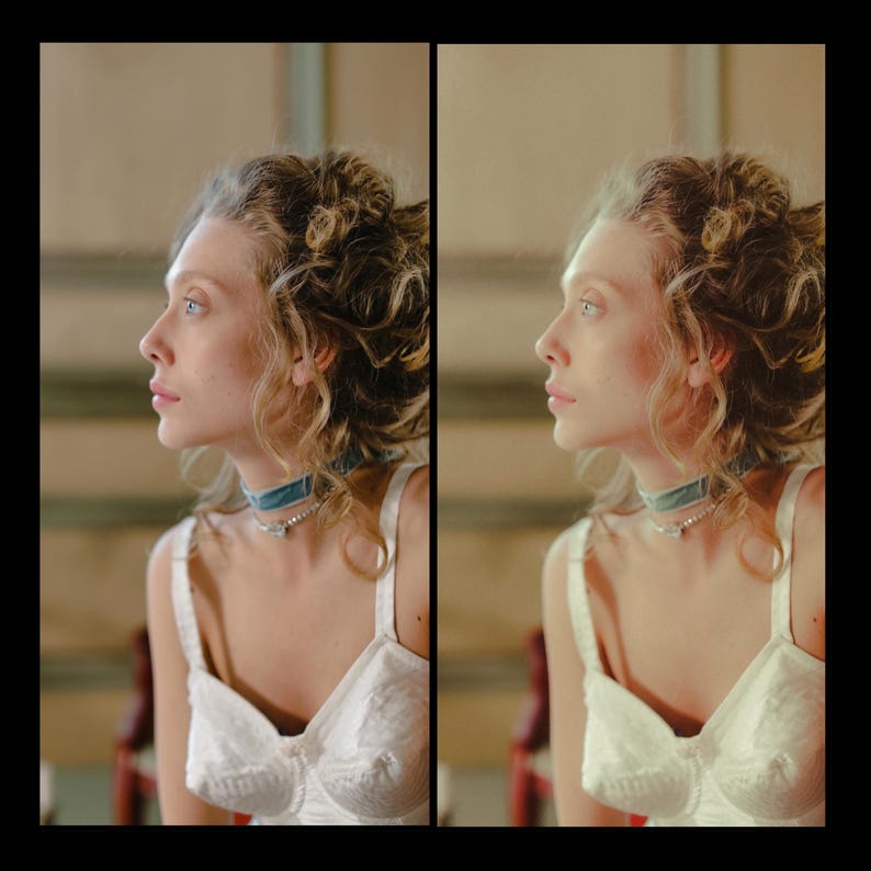 Puede incluir: Una mujer con el pelo rizado lleva un sujetador blanco con una cinta azul alrededor del cuello. El fondo es borroso, de color marr&oacute;n claro.