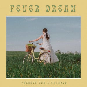 Puede incluir: Una mujer con un vestido blanco monta una bicicleta amarilla a trav&eacute;s de un campo de hierba verde. El cielo es azul y el sol brilla. La imagen se titula "Fever Dream" y tiene el texto "Presents for Lightroom" en la parte inferior.