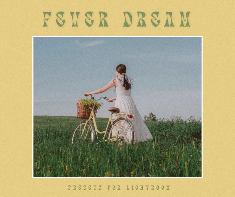 Puede incluir: Una mujer con un vestido blanco monta una bicicleta amarilla a trav&eacute;s de un campo de hierba verde. El cielo es azul y el sol brilla. La imagen se titula "Fever Dream" y tiene el texto "Presents for Lightroom" en la parte inferior.