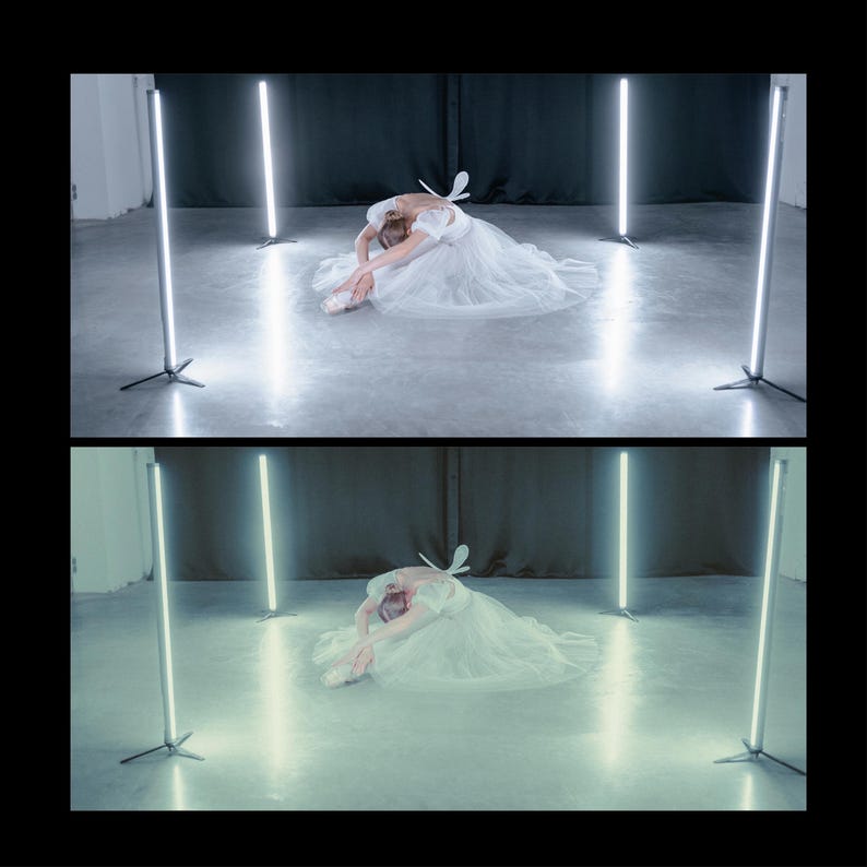 Puede incluir: Una bailarina en un tut&uacute; blanco realiza una abertura de piernas en un estudio con luces blancas. El suelo es gris y las paredes son oscuras.