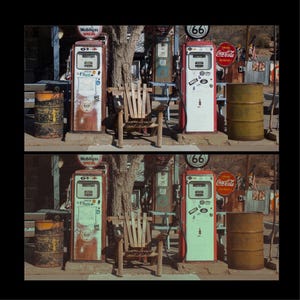 May include: Two vintage gas pumps with the text "Mobilgas Special" and "Route 66" on them. The pumps are red, white, and green and have a Coca-Cola sign next to them. There is a wooden chair in front of the pumps.