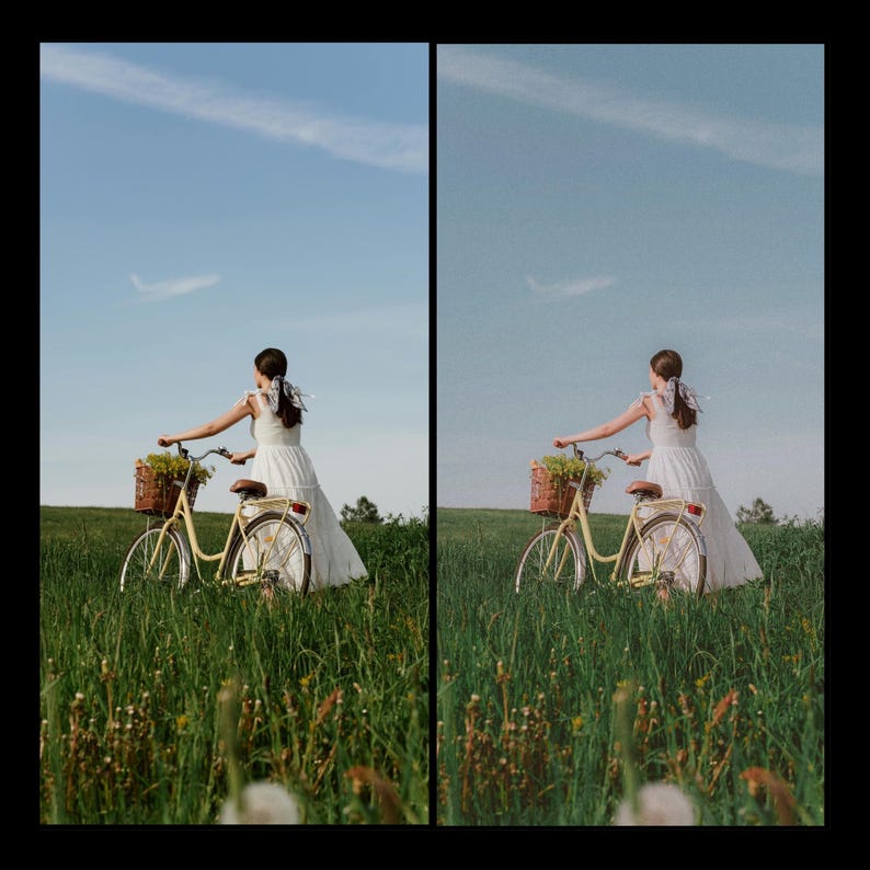 Puede incluir: Una mujer con un vestido blanco monta una bicicleta amarilla a trav&eacute;s de un campo de hierba verde. La bicicleta tiene una cesta de mimbre llena de flores.
