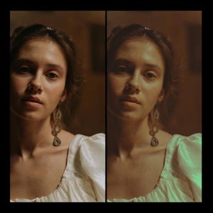 May include: A portrait of a person with long brown hair wearing a white blouse with a low neckline and dangling silver earrings. The background is a warm brown color.