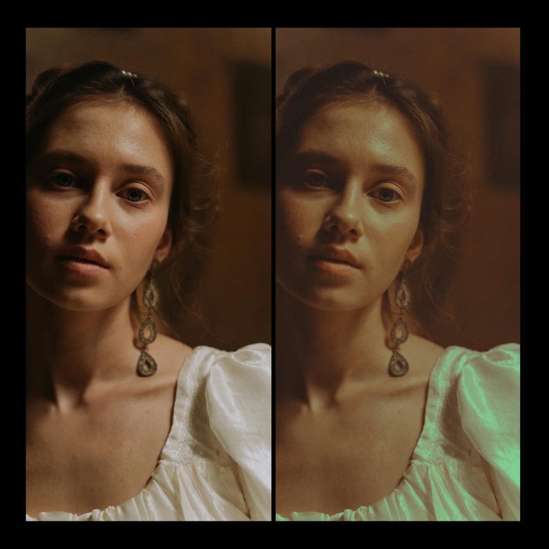 May include: A portrait of a person with long brown hair wearing a white blouse with a low neckline and dangling silver earrings. The background is a warm brown color.