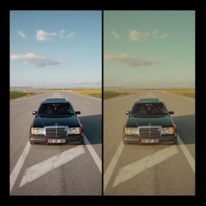May include: A black Mercedes-Benz sedan driving down a straight road with a license plate that reads "05 OF 300". The car is driving towards the camera.