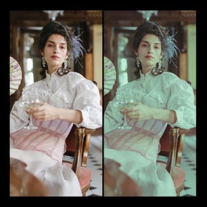 May include: A woman in a white blouse and pink corset sits in a chair holding a glass of champagne. She is wearing pearl earrings and a feather headband. The background is a vintage interior with a wooden chair and a fan.