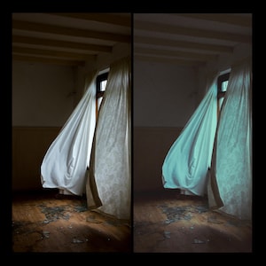 Puede incluir: Un par de cortinas blancas que se agitan con el viento en una habitaci&oacute;n con suelo de madera. Las cortinas est&aacute;n parcialmente abiertas, dejando ver una ventana con vistas al exterior. El suelo est&aacute; cubierto de polvo y escombros.