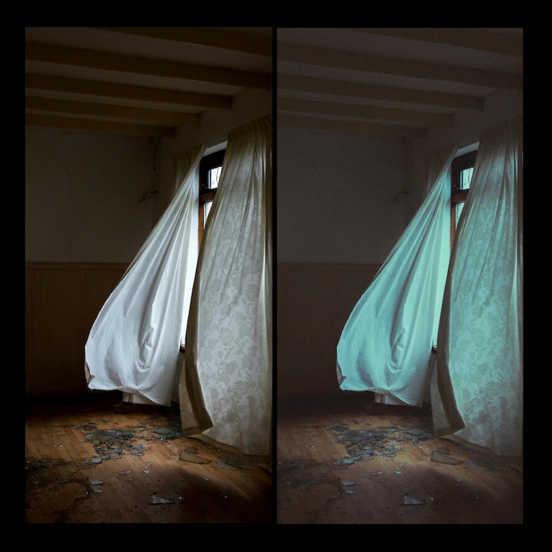 Puede incluir: Un par de cortinas blancas que se agitan con el viento en una habitaci&oacute;n con suelo de madera. Las cortinas est&aacute;n parcialmente abiertas, dejando ver una ventana con vistas al exterior. El suelo est&aacute; cubierto de polvo y escombros.