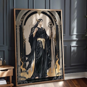 May include: A framed art print featuring a figure in black robes with a golden belt and horns, holding a staff with a skull. The artwork is set against a backdrop of an archway and gold accents, with a dark, moody aesthetic.