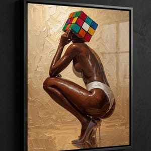 Rubik’s Cube Head Art, Luxury Black Woman Wall Art, Surreal Afrocentric Fashion Print, African American Art, Chic Surrealist Decor, Pop Art
