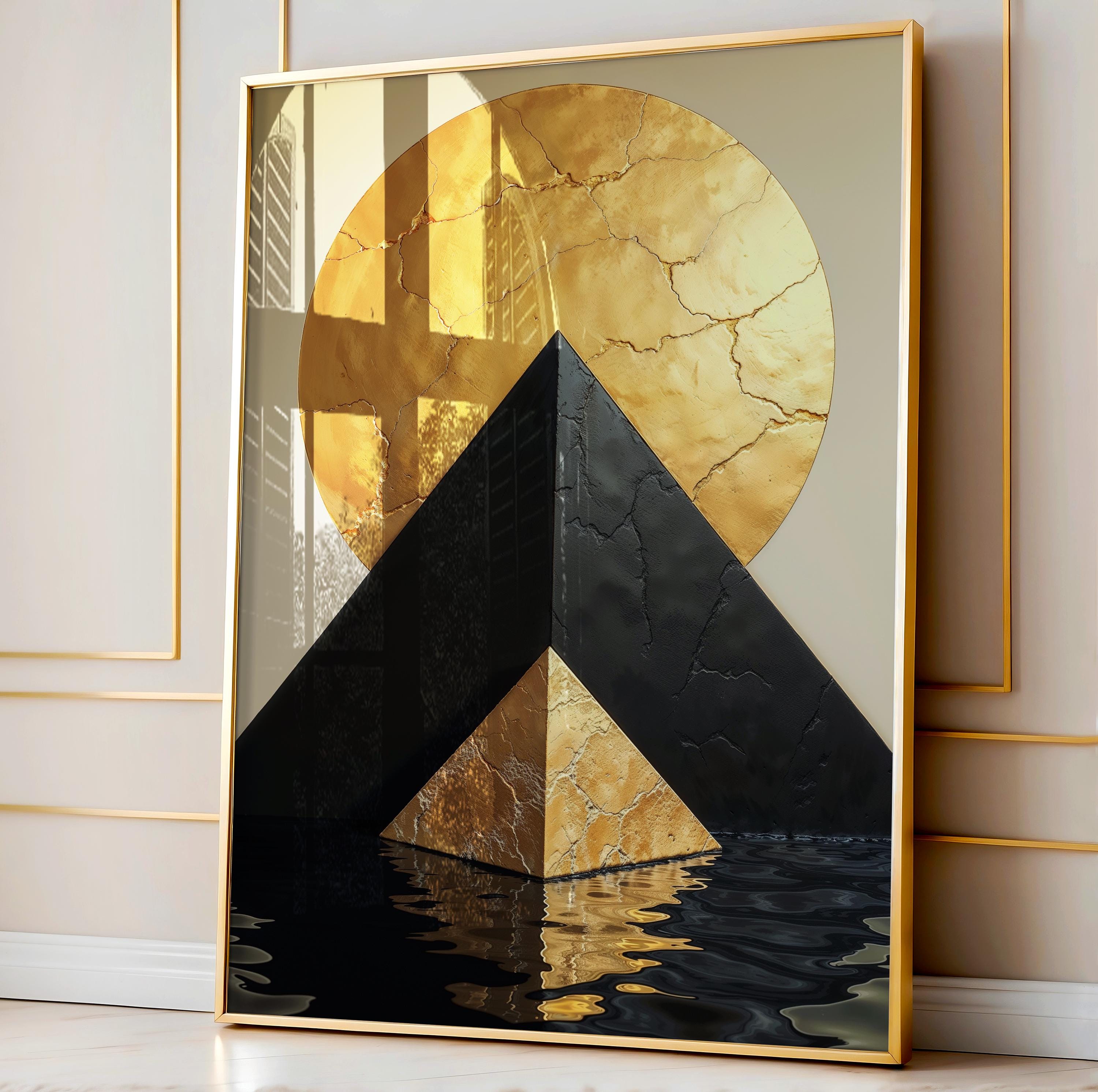 抽象的なピラミッドアートプリント：ゴールドの幾何学的な壁装飾