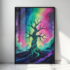 Yggdrasil Art Print: Abstract Norse Tree, Aurora Borealis Poster