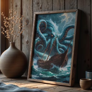 Kraken Poster, Sea Monster Engraving Print, Dark Mythology Art, Vintage Nautical Illustration, Gothic Kraken Decor