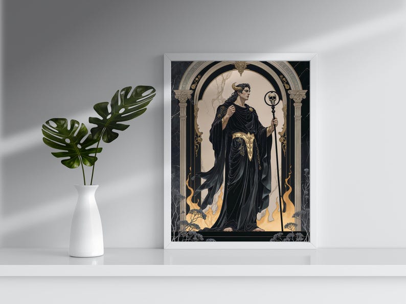 May include: A framed art print featuring a figure in black robes with a golden belt, holding a staff with a skull. The artwork has a gothic theme with a dark color palette and decorative archway.