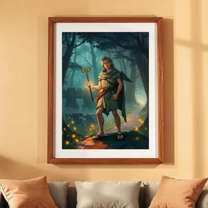 Può includere: Un dipinto di un uomo in un ambiente boschivo. Indossa una tunica verde e tiene un bastone con una cima decorata. La foresta è oscura e misteriosa, con luci brillanti sullo sfondo.