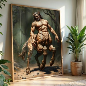 Könnte beinhalten: Ein Gemälde einer muskulösen, humanoiden Figur mit einem Pferdekörper, die in einer Waldlandschaft steht. Die Figur hat einen Bart und ist in einem realistischen Stil dargestellt.