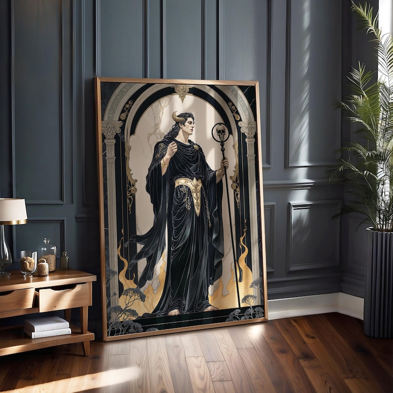 May include: A framed art print featuring a figure in black robes with a golden belt and horns, holding a staff with a skull. The artwork is set against a backdrop of an archway and gold accents, with a dark, moody aesthetic.