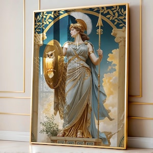 Athena Premium Matte Poster, Greek Goddess of Wisdom and War, Art Nouveau Mythology Print, Divine Feminine Decor, Regal Strength Artwork