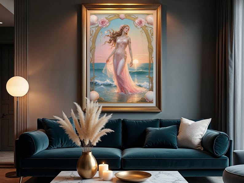 Op de afbeelding: Een ingelijst kunstwerk toont een vrouw in een roze jurk in de oceaan bij zonsondergang. Het schilderij in een gouden lijst hangt boven een tealkleurige bank met kussens. Een gouden vaas met pampasgras en kaarsen maakt de sc&egrave;ne compleet.