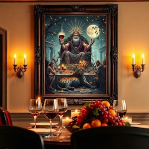 Dionysus Feast Poster, Lavish Greek God Print, God of Wine and Revelry Art, Abundant Dionysus Wall Decor, Mythological Banquet Gift