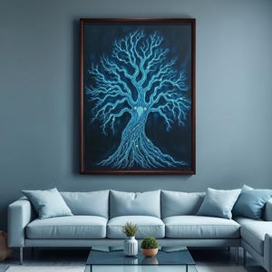 May include: A blue and black framed canvas painting of a glowing blue tree with a heart shape in the center. The tree is on a dark blue background. The painting is hanging on a blue wall above a light blue sectional sofa.