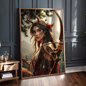 May include: A woman with long brown hair and a crown of antlers stands in a forest setting. She is holding a bow and arrow and is looking directly at the viewer. The background is a lush green forest with a deer in the foreground.