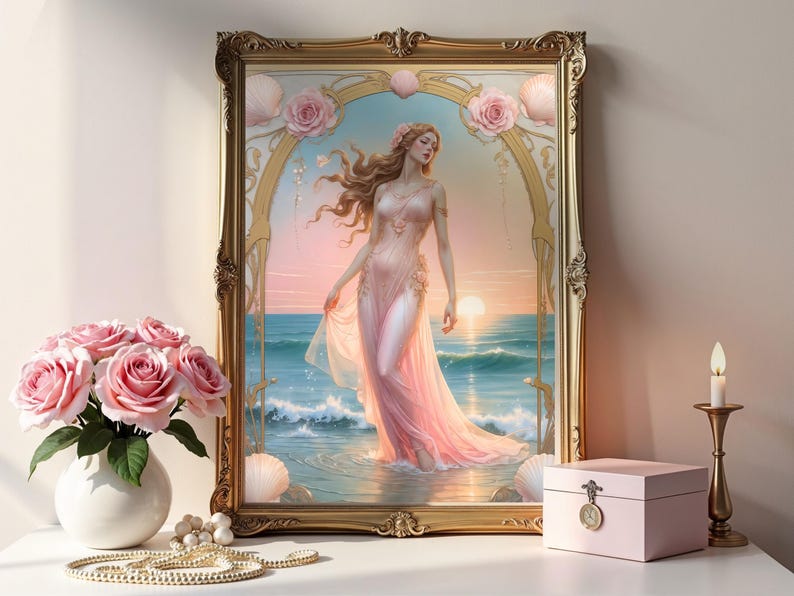 Op de afbeelding: Een ingelijste kunstdruk toont een vrouw in een roze jurk in de oceaan bij zonsondergang. De sierlijke gouden lijst omringt de afbeelding, die is versierd met roze rozen en schelpen. Een boeket roze rozen in een witte vaas en een sieradendoos staan op de tafel.