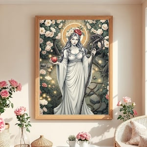 Demeter Göttin Poster, Gelassene griechische Mythologie Druck, Erdgöttin Kunst, Pflegende Demeter Wanddekoration, Granatapfel und Weizen Geschenk