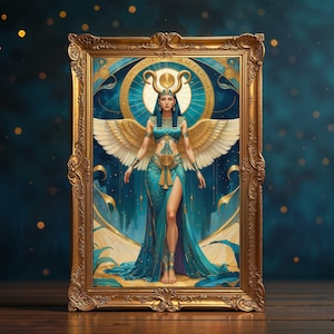 Poster opaco premium Iside, dea egizia della magia e della maternità, arte mitologica astratta opulenta, decorazione divina blu e oro, femminile