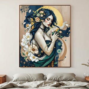 Póster texturizado de Perséfone, elegante impresión de diosa griega, arte de mitología floral, decoración serena de Perséfone, regalo de diosa sutil