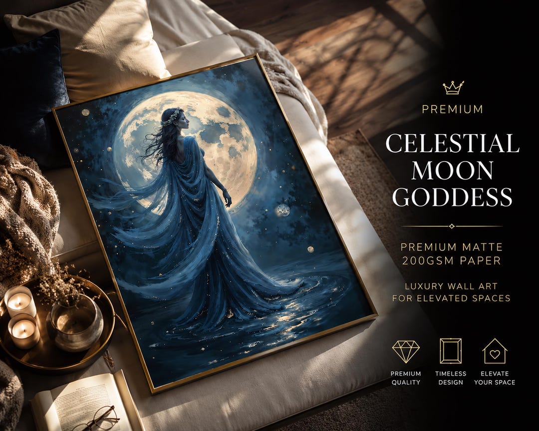 Celestial Moon Goddess Wall Art, Mystical Blue Art Print, Feminine ...
