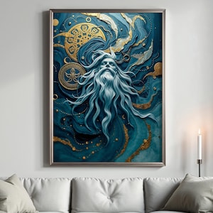 Strukturiertes Njord Poster, Gelassener nordischer Gott Print, Elegante Wikinger Wandkunst, Ozeangott Dekor, Beruhigendes Nordisches Geschenk, Nordisches Mythologie Poster, Njord
