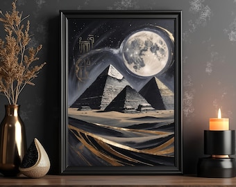 Pyramids Under the Moon Art Print: Ancient Egyptian Black Gold Decor